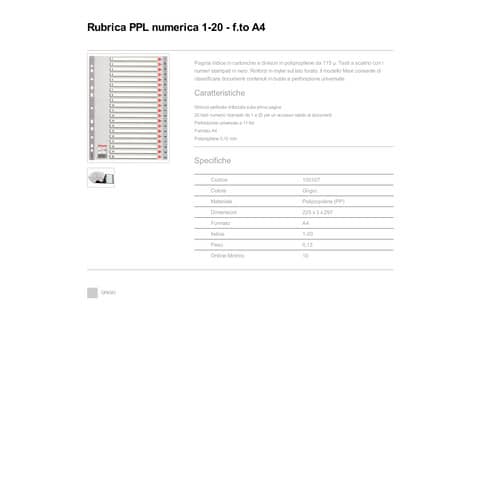 Divisori per rubrica Esselte A4 PPL numerica 1-20 100107